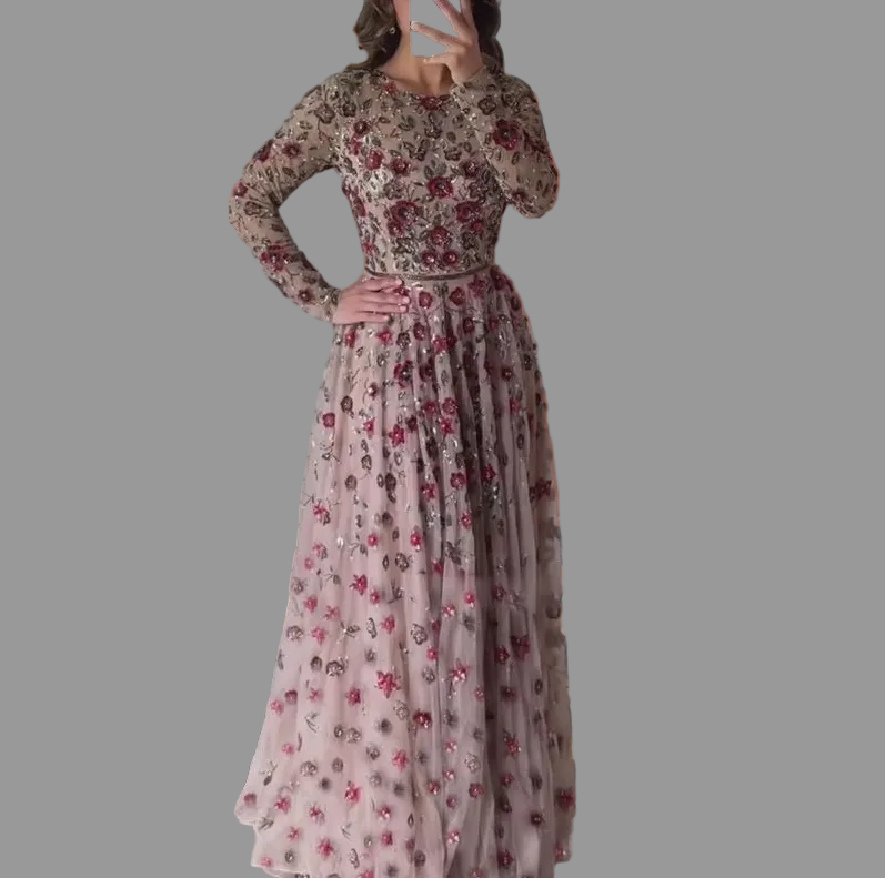 Damen Besticktes Abendkleid mit Tüllrock und transparenten Ärmeln