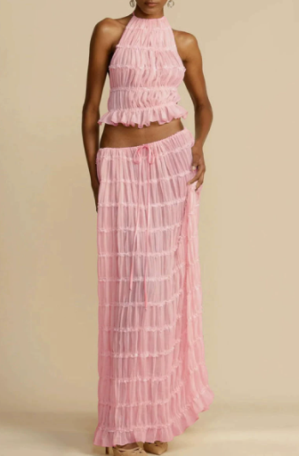 Damen Elegantes und verspieltes Zweiteiliges Sommerkleid mit gerafftem Oberteil und fließendem Rock R&B