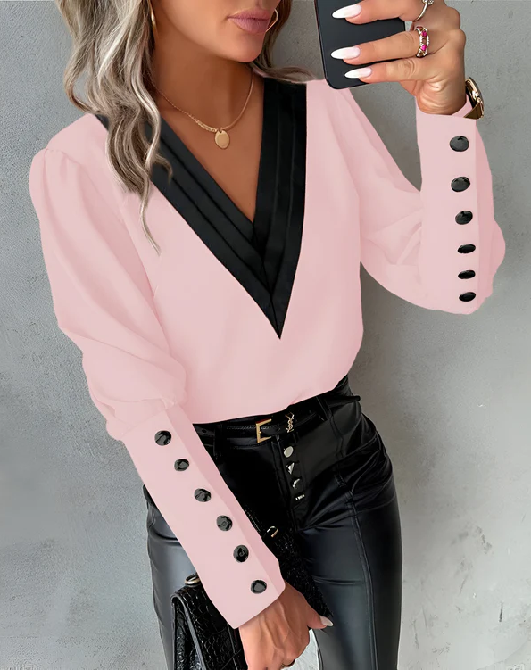 R&B | Elegante V-Ausschnitt-Bluse Mit Farbblöcken Für Mühelosen Stil