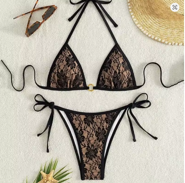 R&B | Spitzen-Patchwork V-Ausschnitt Bikini-Set