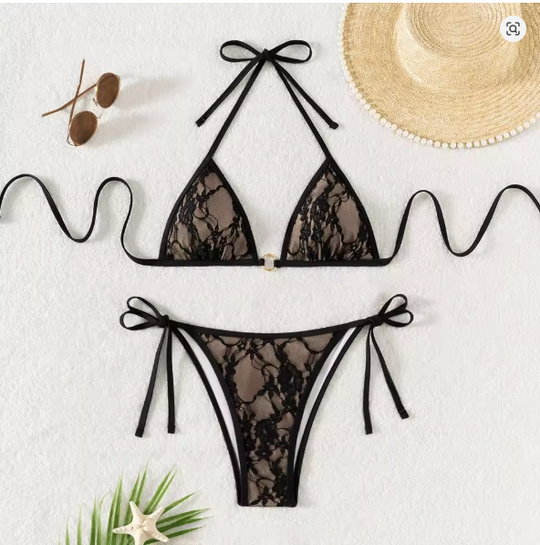 R&B | Spitzen-Patchwork V-Ausschnitt Bikini-Set
