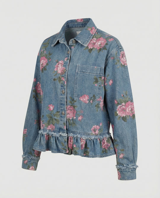 Damen Jeansjacke kurz mit Blumenprint