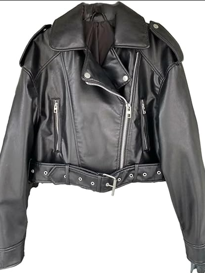 R&B | Leder Reverskragen Cropped Jacke mit Gürtel