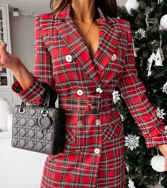 kariertes Blazer-Kleid mit doppelter Knopfreihe und Gürtel