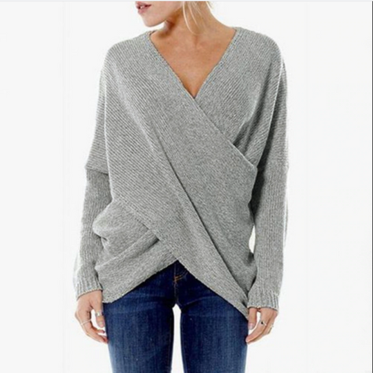 R&B | Strickdamenpullover mit Wickel V-Ausschnitt und Langen Ärmeln