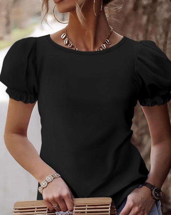 R&B | Elegantes Puffärmel-T-Shirt mit Spitzenrücken
