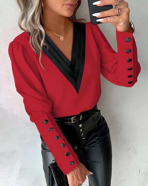 R&B | Elegante V-Ausschnitt-Bluse Mit Farbblöcken Für Mühelosen Stil