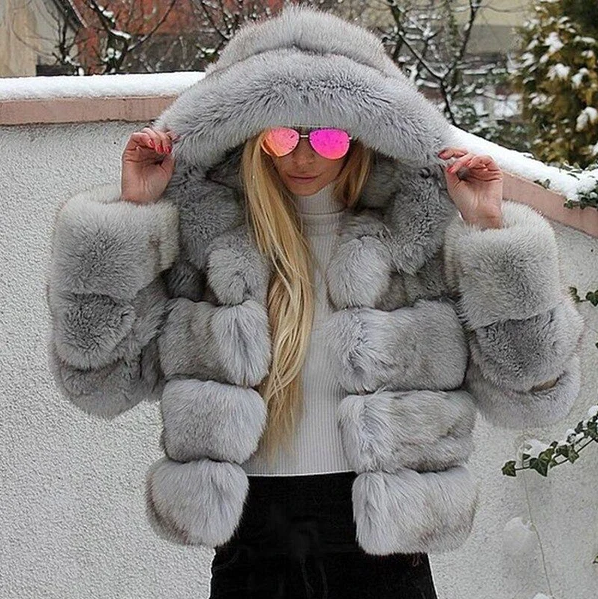 R&B | Luxuriöse Damenjacke mit Kapuze In Kunstfelloptik