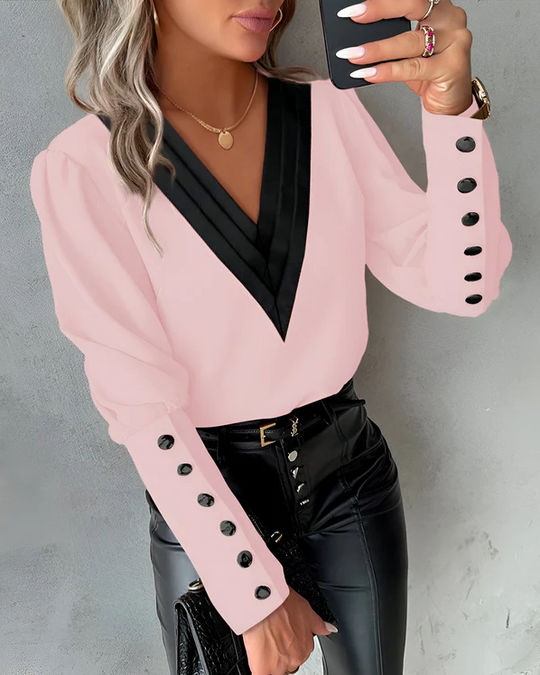 R&B | Elegante V-Ausschnitt-Bluse Mit Farbblöcken Für Mühelosen Stil
