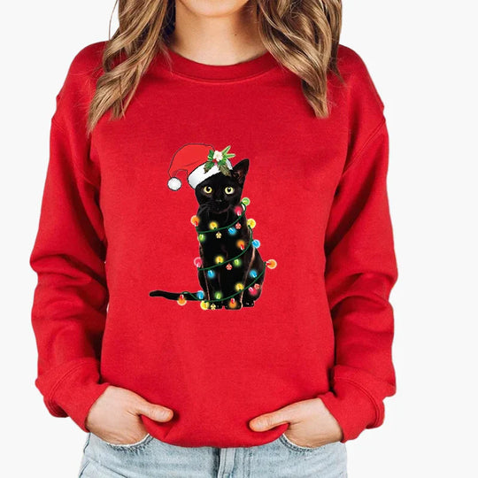 R&B | Weihnachtspullover mit Katze und Lichterkette - Lustiger Winter-Sweater für Katzenliebhaber