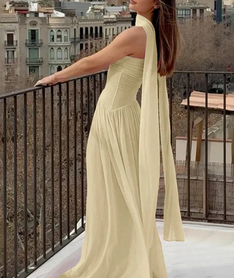 R&B | Patchwork Maxi Kleid Schal Rückenfrei Strapless Rüschen Bankett