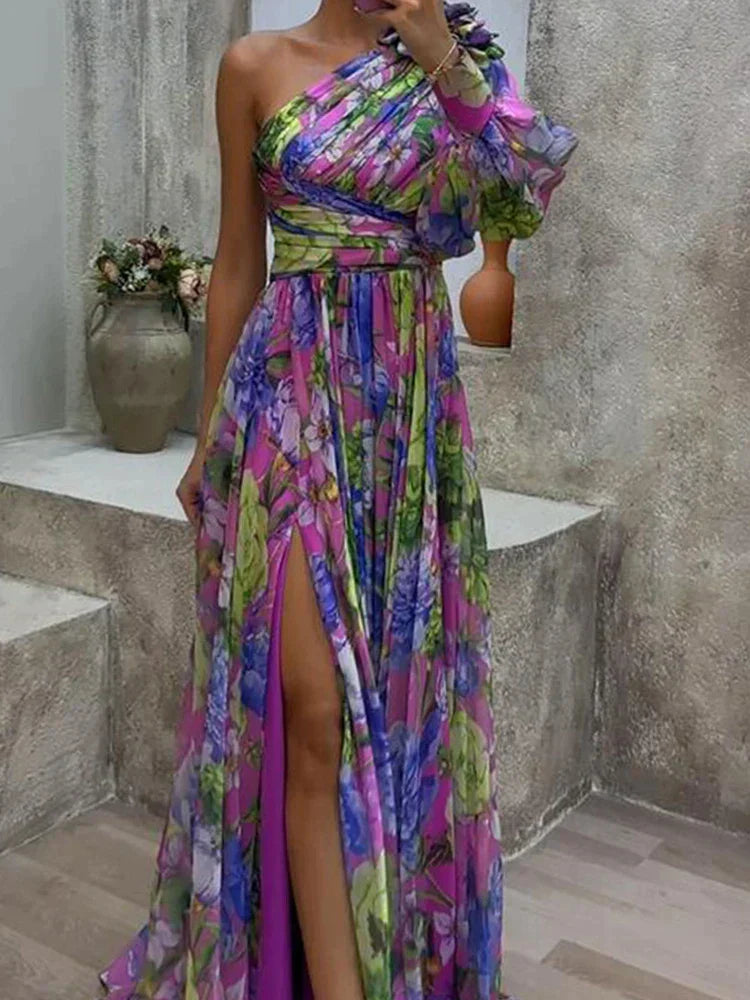 R&B -  Lila Druck Seite Schlitz ein Ärmel Sexy Maxikleid