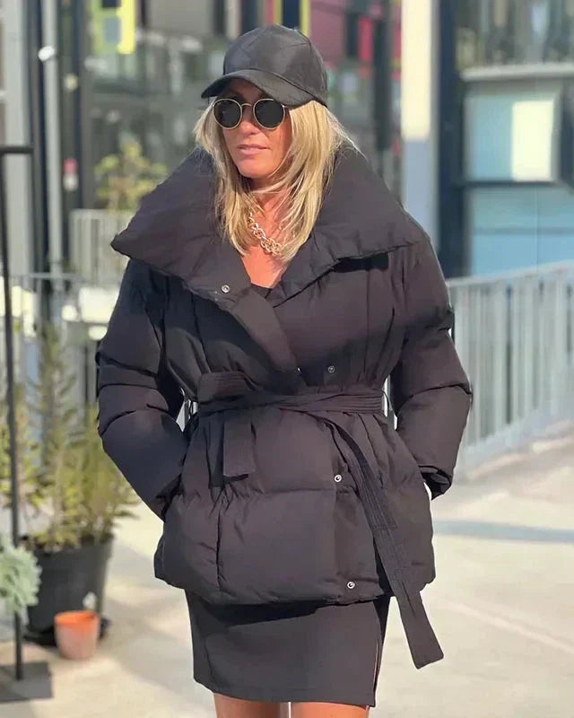 R&B | jack mit Gürtel für Damen - warmer brauner Jacke mit oversized Kragen