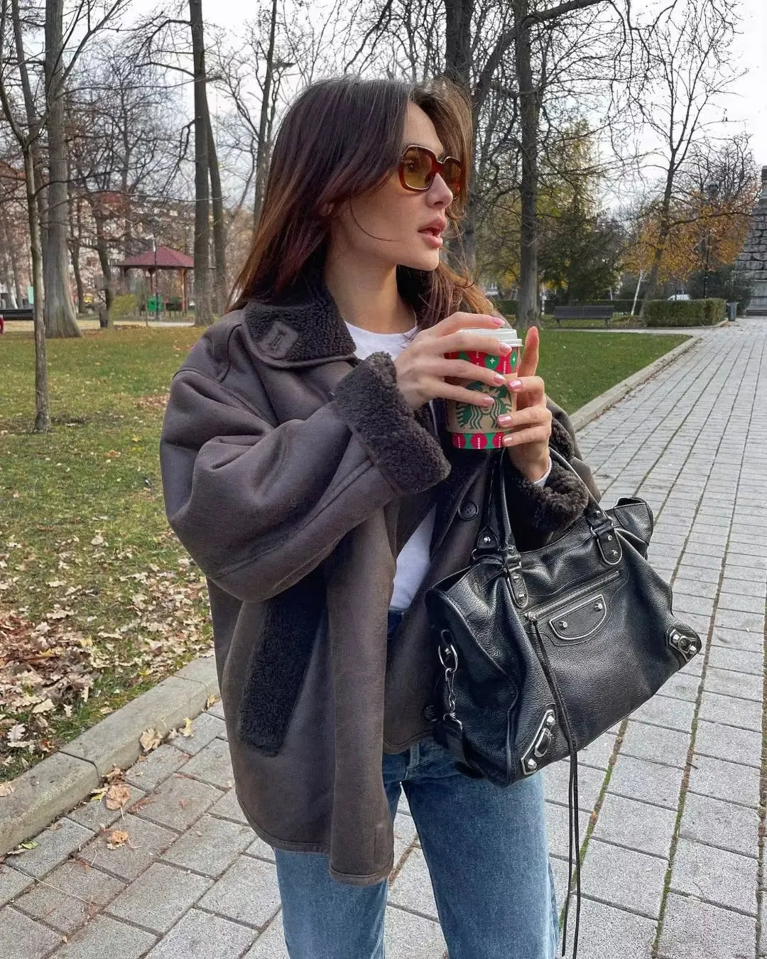 R&B | Warme PU-Jacke mit Taschen für Frauen