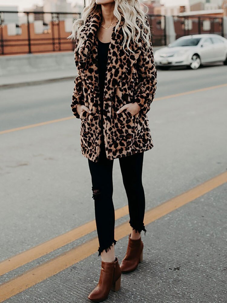 R&B | Leopardenmuster Faux Felljacke - beige Winterjacke für stilvolle Anlässe
