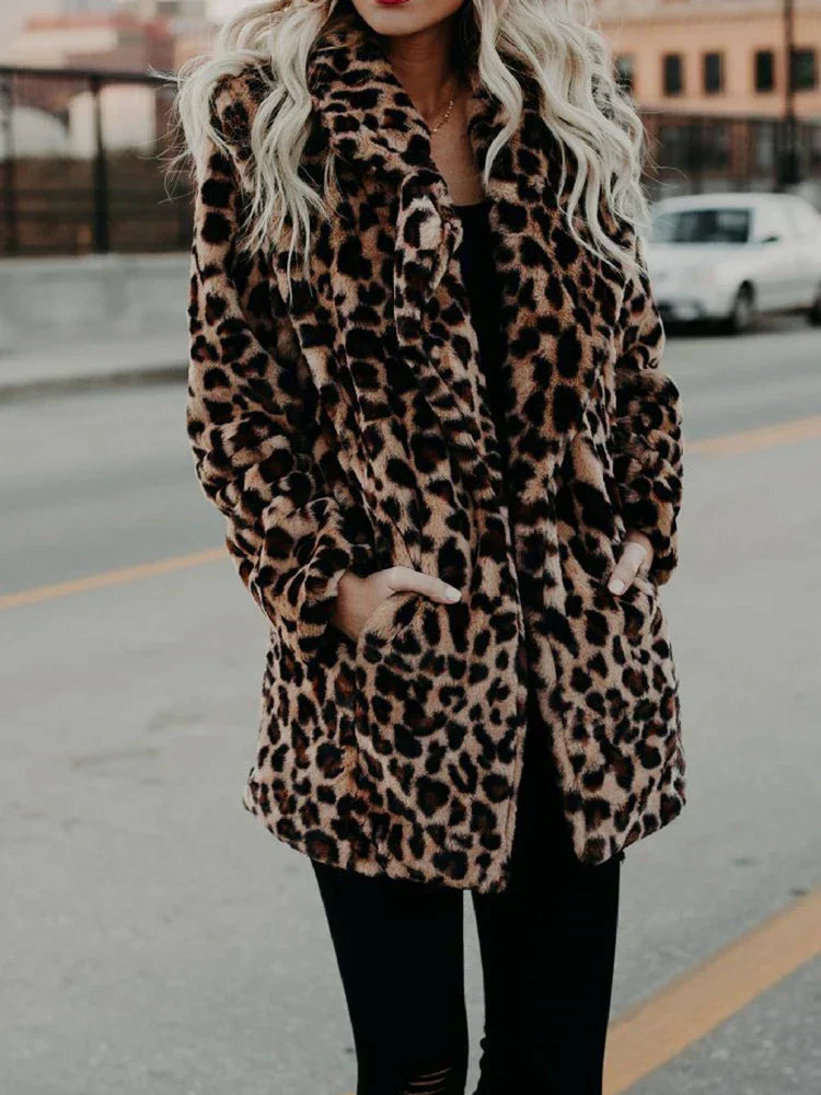 R&B | Mantel - Kunstpelz - Legere Passform - Leopardenmuster - Mittellang Schicker Look
