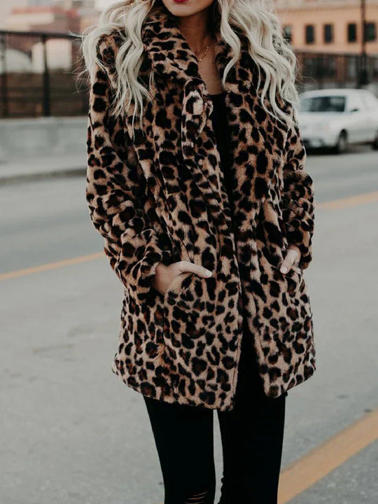 R&B | Mantel - Kunstpelz - Legere Passform - Leopardenmuster - Mittellang Schicker Look