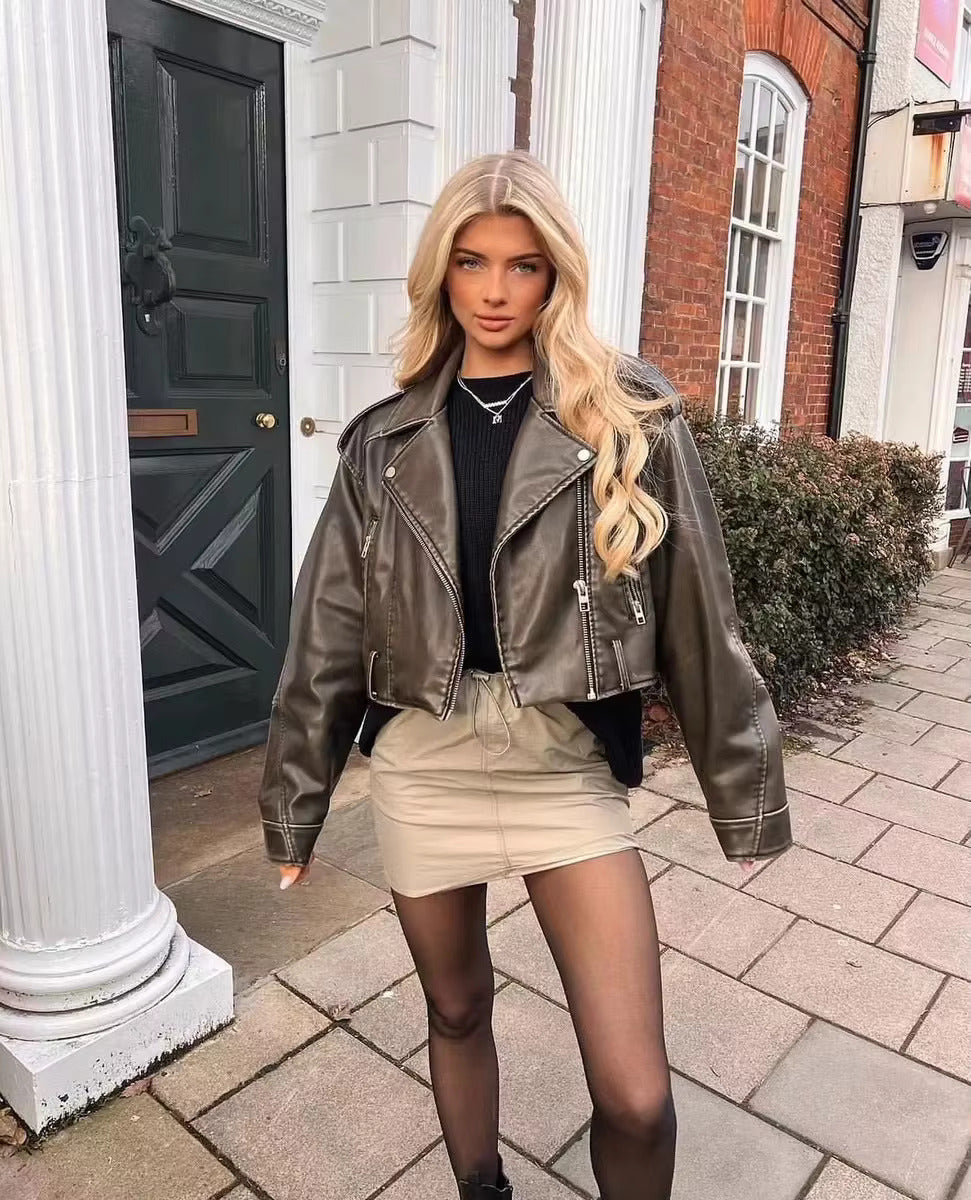 R&B | Damen PU Motorradjacke mit Reißverschluss und Gürtel
