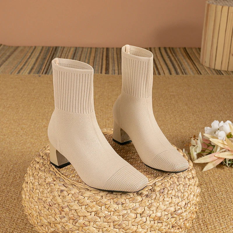 R&B | Damen Blockabsatz Sockenschuhe Stiefeletten Beige