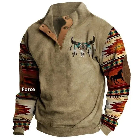 R&B | Vintage Western Sweatshirt mit Ethno-Muster und Stehkragen - Freizeitpullover