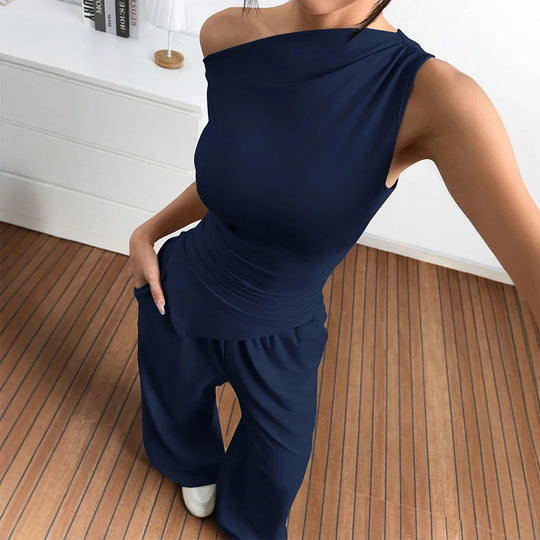Damen Elegante Jumpsuit-Kombination mit asymmetrischem Oberteil und weitem Bein R&B
