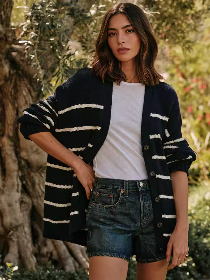 R&B | Übergröße Damen Cardigan mit Streifen und Knöpfen
