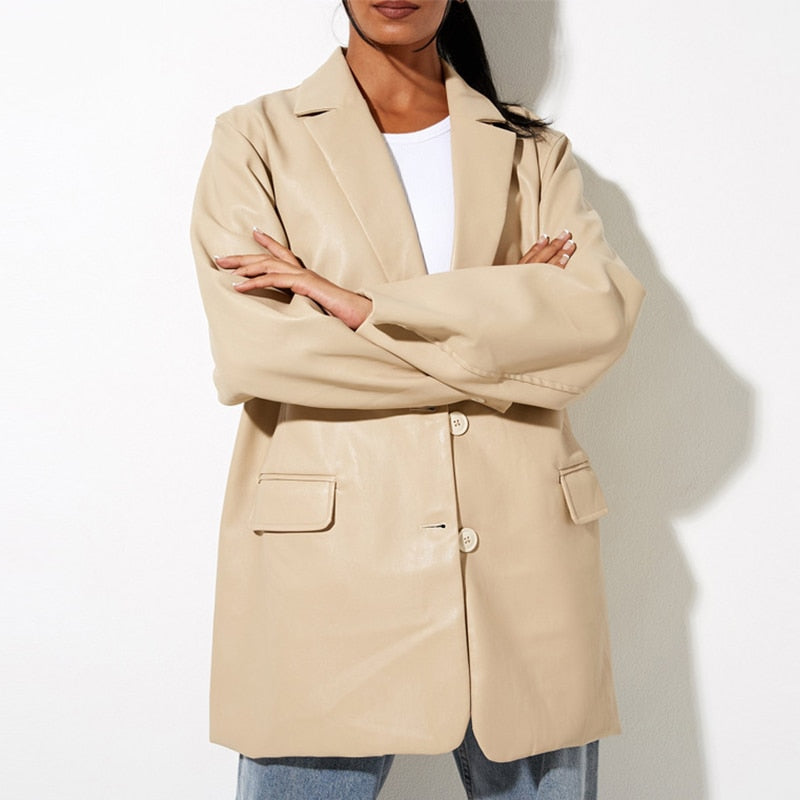 R&B | Damenblazer mit PU-Leder und Knopfverschluss