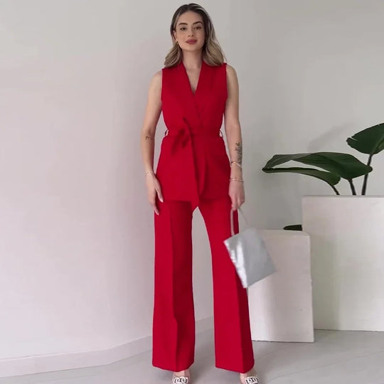 R&B | Ärmelloser Blazer-Anzug Taillierte Passform Wickel-V-Ausschnitt Weite Hose