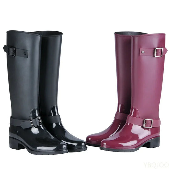 R&B | Damen wasserdichte knielange Gummistiefel mit Schnallen & Blockabsätzen