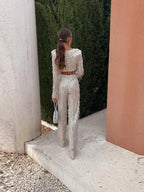 R&B | Quaste Pailletten Frauen 2 Teilig Set Herbst Silber Licht Seide O-Ausschnitt Crop Tops Breite Bein Hosen Damen Anzug Mode Straße Damen Set