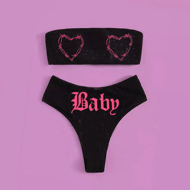 R&B | Sexy Goth Bikini Frauen Buchstaben Totenkopf Druck Badeanzug Split Badeanzug Hohe Taille Gotische Bikini Set Strandoutfits