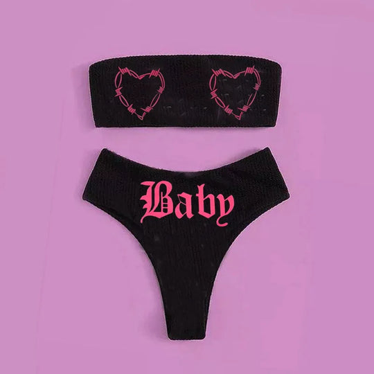 R&B | Sexy Goth Bikini Frauen Buchstaben Totenkopf Druck Badeanzug Split Badeanzug Hohe Taille Gotische Bikini Set Strandoutfits
