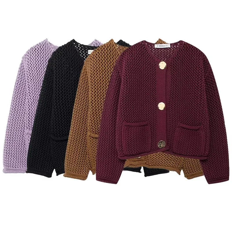 R&B | Mesh Strick Strickjacke mit Fronttaschen
