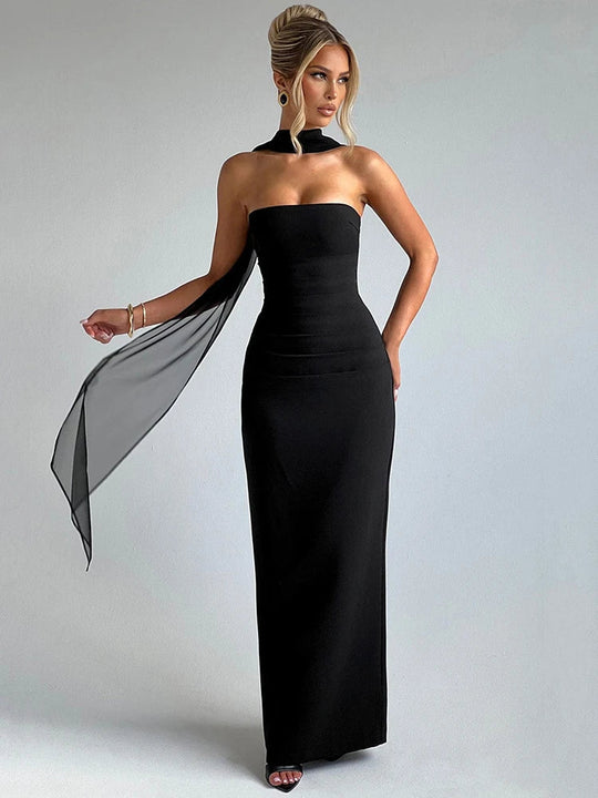 R&B | Abendballkleid Strapless Bodenlang Säulensilhouette Halstuchdetail