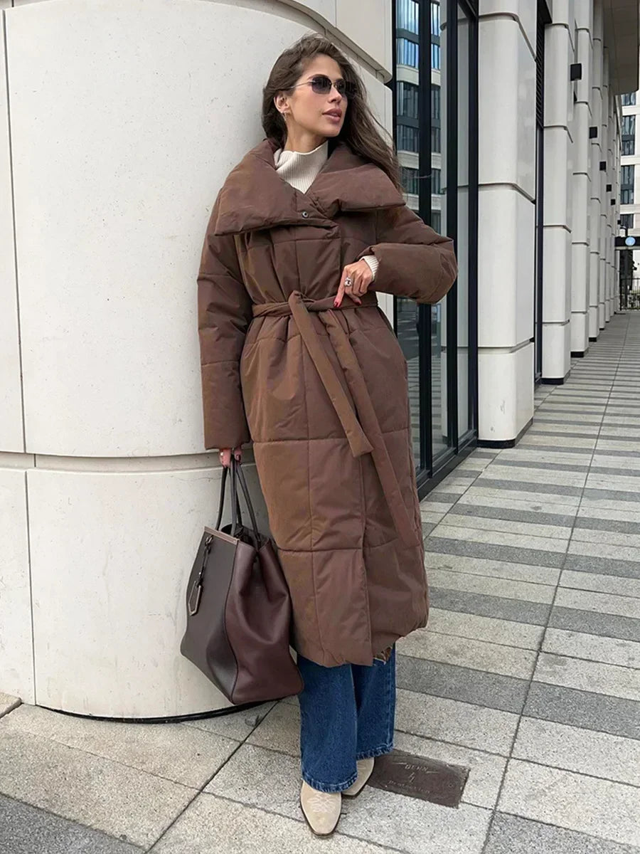 R&B | Parka Lang Steppjacke mit Gürtel für Damen Ideal für Den Winter