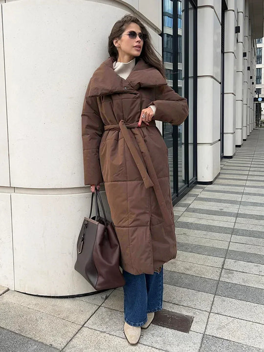 R&B | Parka Lang Steppjacke mit Gürtel für Damen Ideal für Den Winter