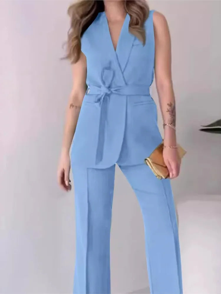 R&B | Ärmelloser Blazer-Anzug Taillierte Passform Wickel-V-Ausschnitt Weite Hose