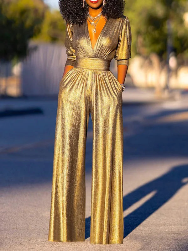 R&B Damen Jumpsuit mit V-Ausschnitt und Metallic-Optik
