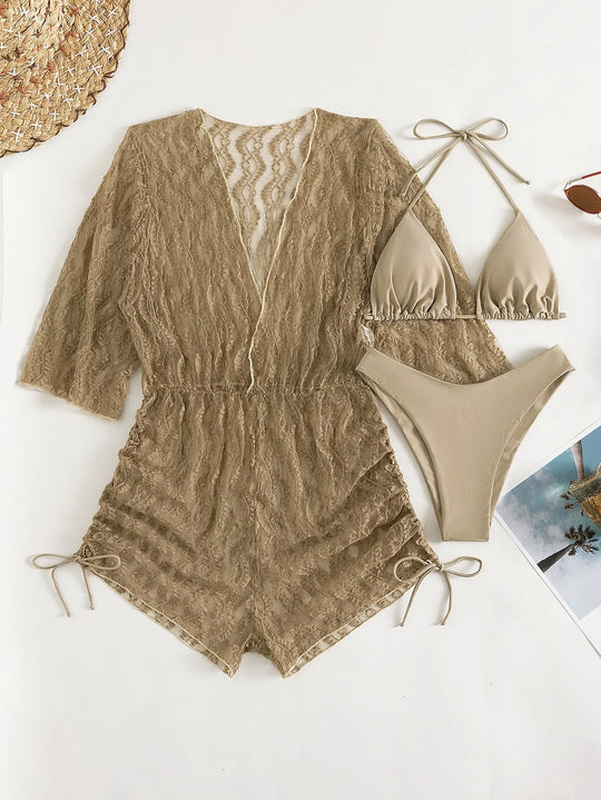 R&B | 3 Stück Bikini Tropischer Druck Badebekleidung Halter Schnürseite Badebekleidung Frauen Badeanzug Weiblich Schwimmen Sommer Strandbekleidung