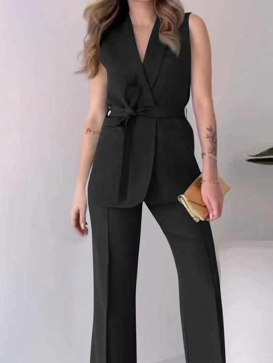 R&B | Ärmelloser Blazer-Anzug Taillierte Passform Wickel-V-Ausschnitt Weite Hose