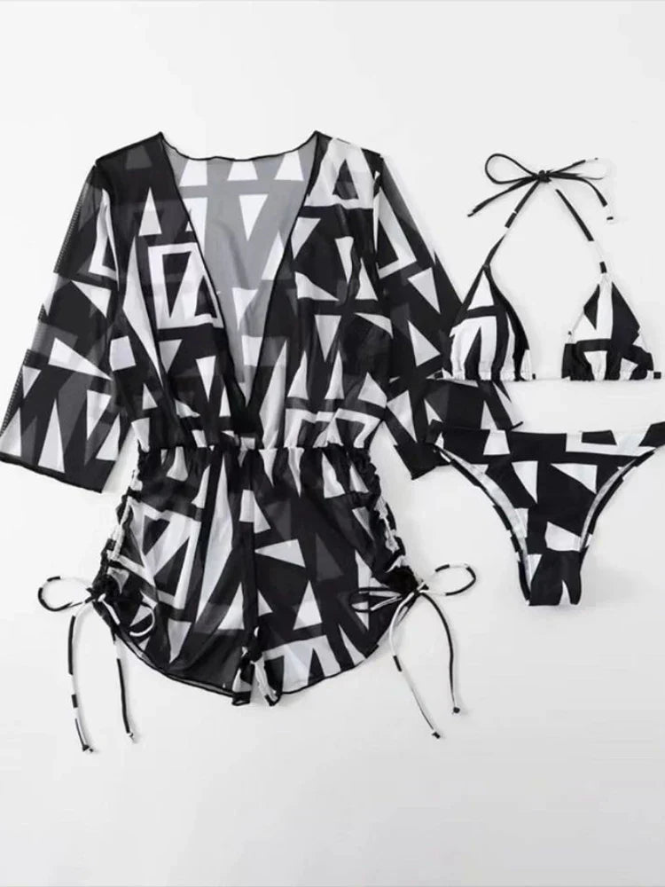 R&B | 3 Stück Bikini Tropischer Druck Badebekleidung Halter Schnürseite Badebekleidung Frauen Badeanzug Weiblich Schwimmen Sommer Strandbekleidung