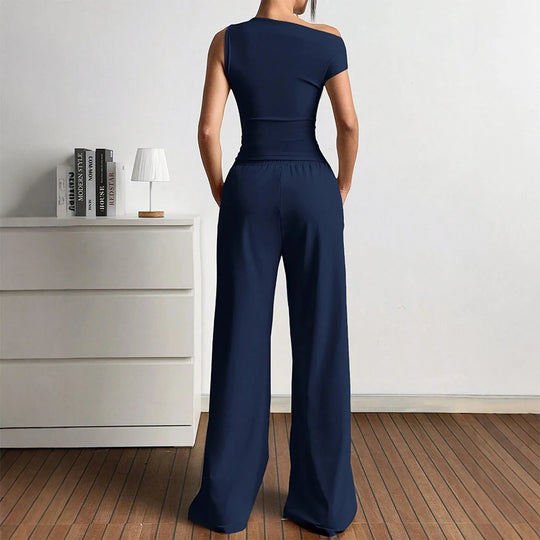 Damen Elegante Jumpsuit-Kombination mit asymmetrischem Oberteil und weitem Bein R&B