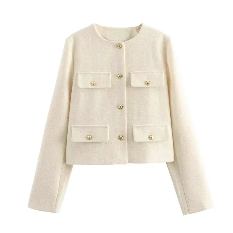 R&B | Elegante Bouclé-jacke Goldknöpfe und Taschen Klassischer Stil