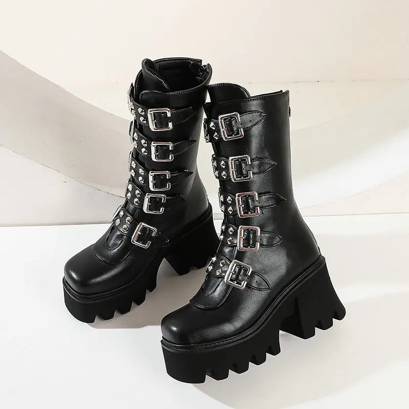 R&B | Gothic Schuhe Frauen Schwarz Hochstiefel Weiblich Hohe Absatz Frauen Combat Punk Chunky Dame