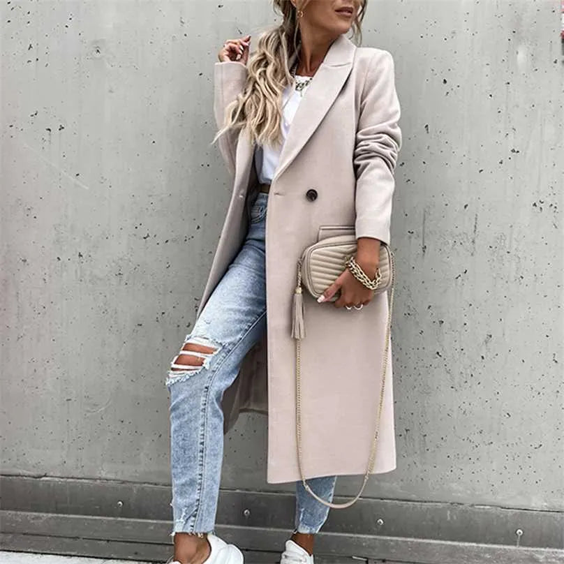 R&B | Damen Lange Winterjacke im Casual Chic Stil mit Reverskragen und Taschen