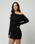 Sexy Off-Shoulder Minikleid Langarm Figurbetontes Herbst Kleid Schwarz
