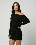 Sexy Off-Shoulder Minikleid Langarm Figurbetontes Herbst Kleid Schwarz