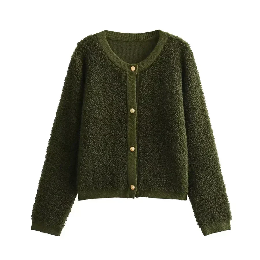 R&B | Teddy-Jacke Übergröße Passform Plüschtextur Kragenlos Mit Knöpfen