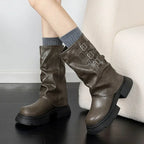 R&B | Chunky-Heel-Biker-Stiefel für Damen mit Riemen-Details