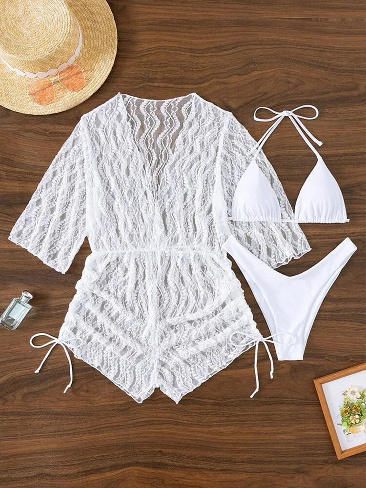R&B | 3 Stück Bikini Tropischer Druck Badebekleidung Halter Schnürseite Badebekleidung Frauen Badeanzug Weiblich Schwimmen Sommer Strandbekleidung